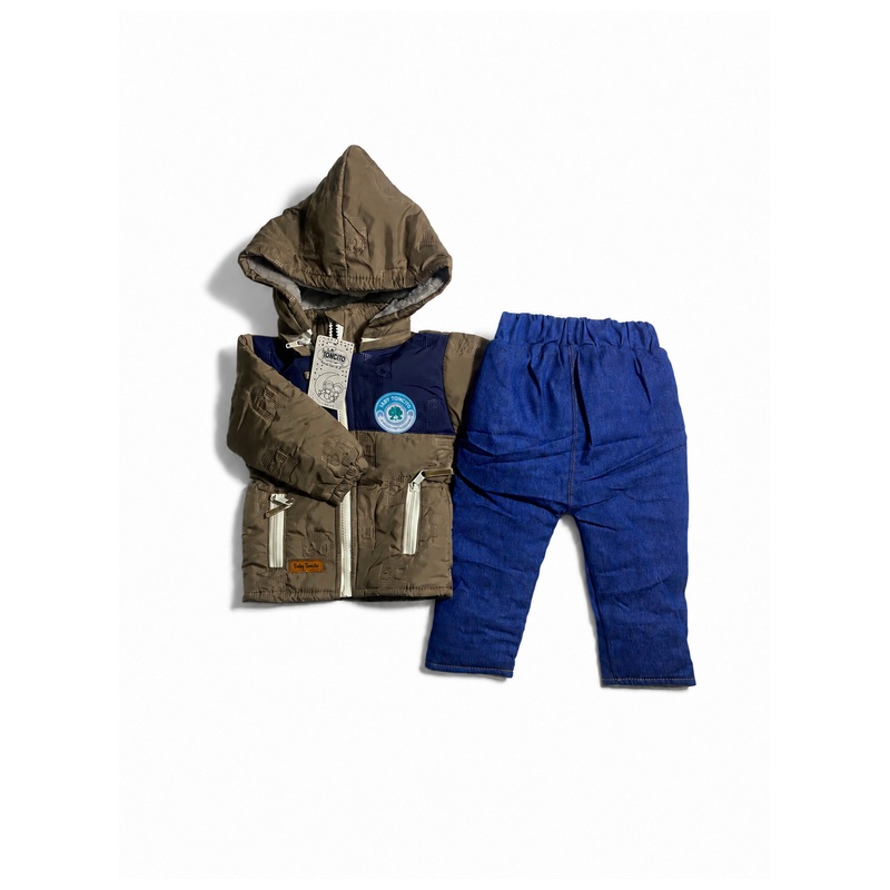 Conjunto térmico de niño con capucha y cierre, forro pima y pantalón jean - Color Marrón