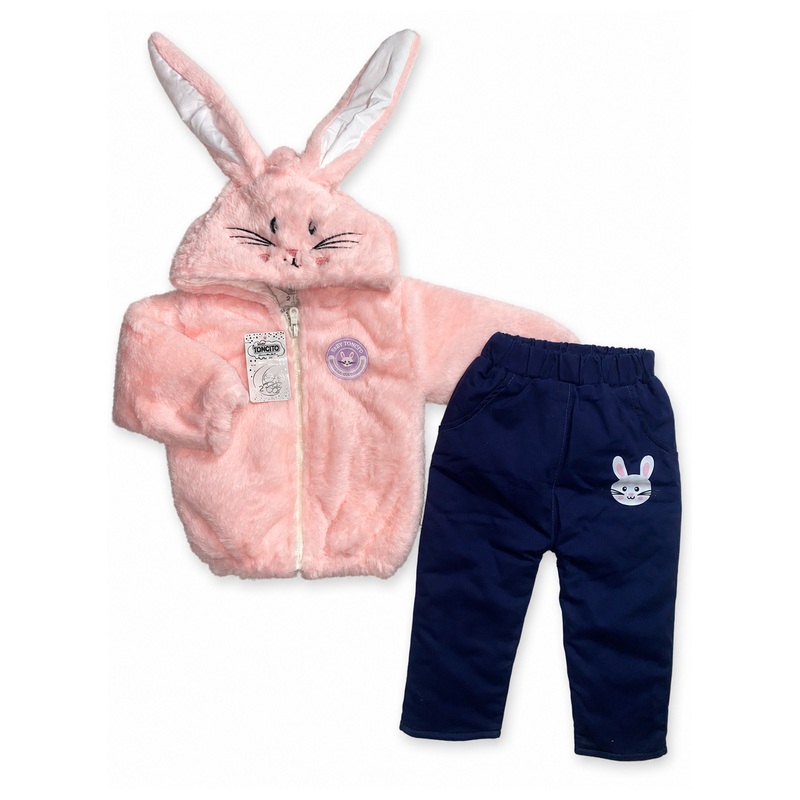Conjunto acolchado de pelo de coneja con cierre, forro pima y pantalón drill - Color Rosado claro