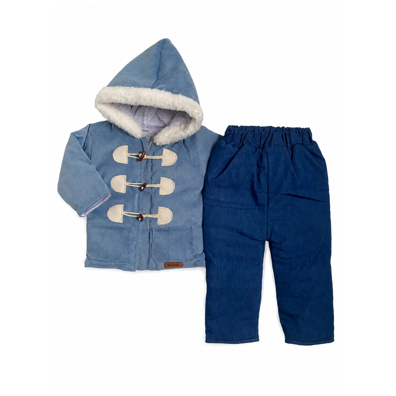 Casaca acolchada de corduroy con forro pima y pantalón jean con forro - Color Azul claro
