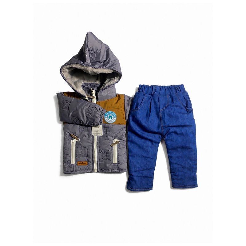 Conjunto térmico de niño con capucha y cierre, forro pima y pantalón jean - Color Gris