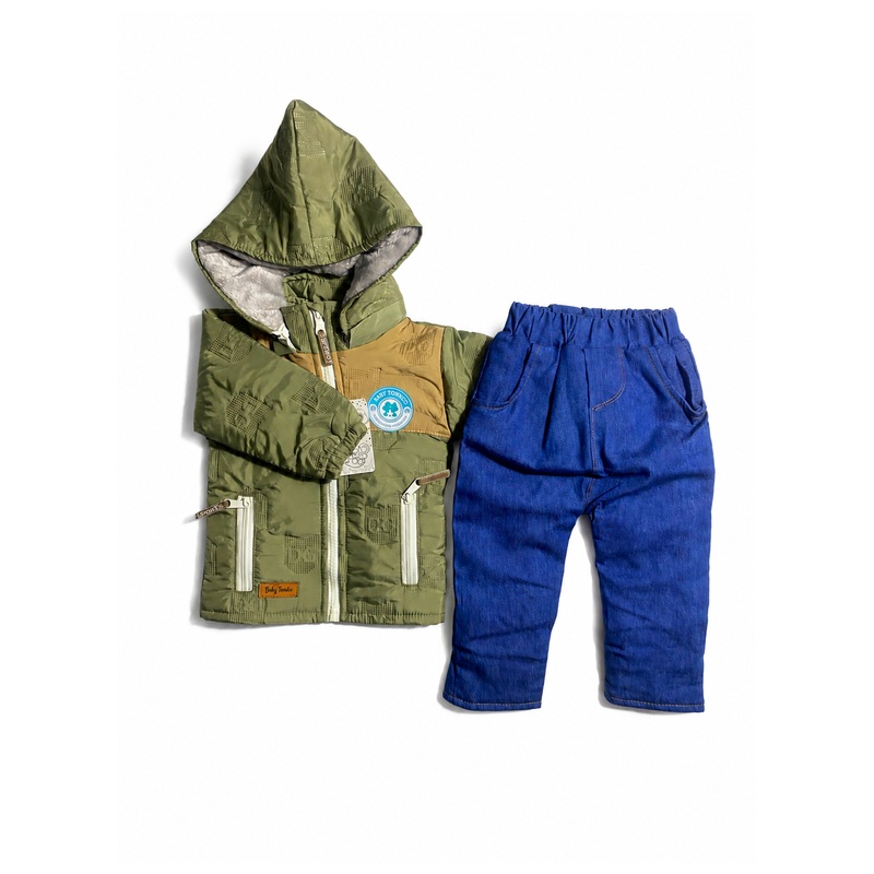 Conjunto térmico de niño con capucha y cierre, forro pima y pantalón jean - Color Verde