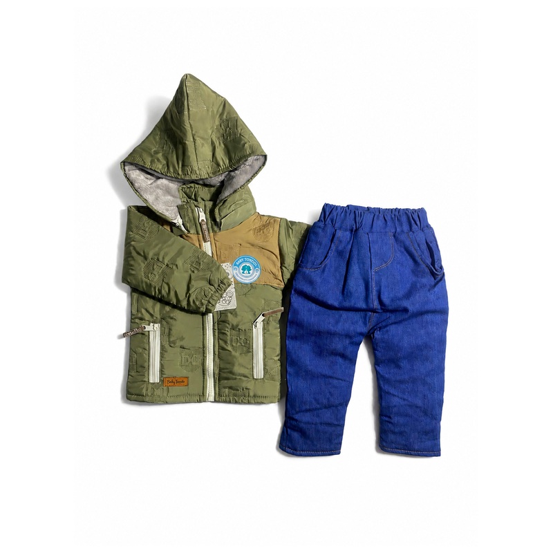 Conjunto térmico de niño con capucha y cierre, forro pima y pantalón jean - Color Verde