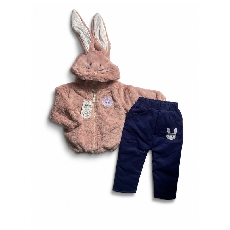Conjunto acolchado de pelo de coneja con cierre, forro pima y pantalón drill - Color Rosa palo