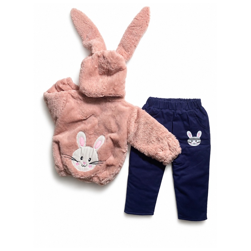 Conjunto acolchado de pelo de coneja con cierre, forro pima y pantalón drill - Color Rosa palo