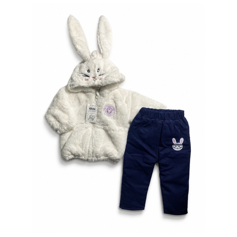 Conjunto acolchado de pelo de coneja con cierre, forro pima y pantalón drill - Color Blanco