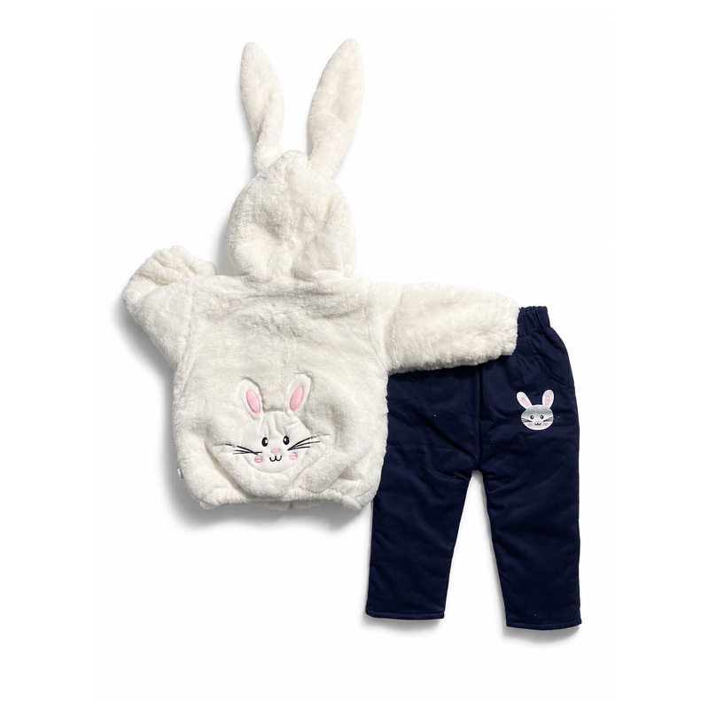 Conjunto acolchado de pelo de coneja con cierre, forro pima y pantalón drill - Color Blanco