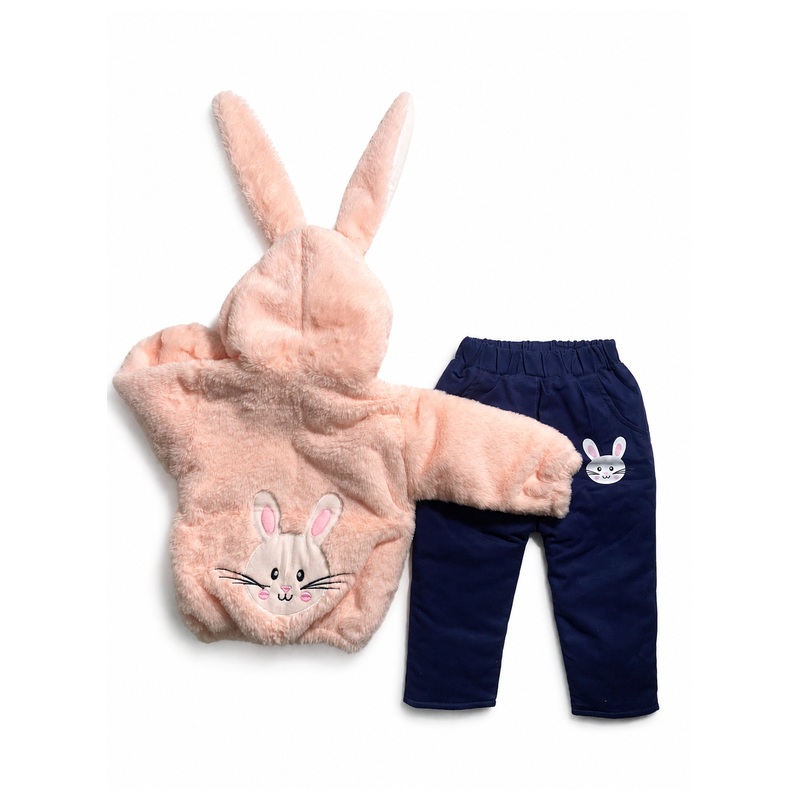 Conjunto acolchado de pelo de coneja con cierre, forro pima y pantalón drill - Color Rosado