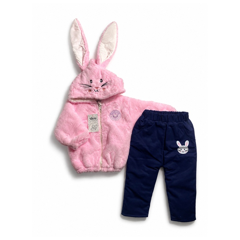 Conjunto acolchado de pelo de coneja con cierre, forro pima y pantalón drill - Color Rosado