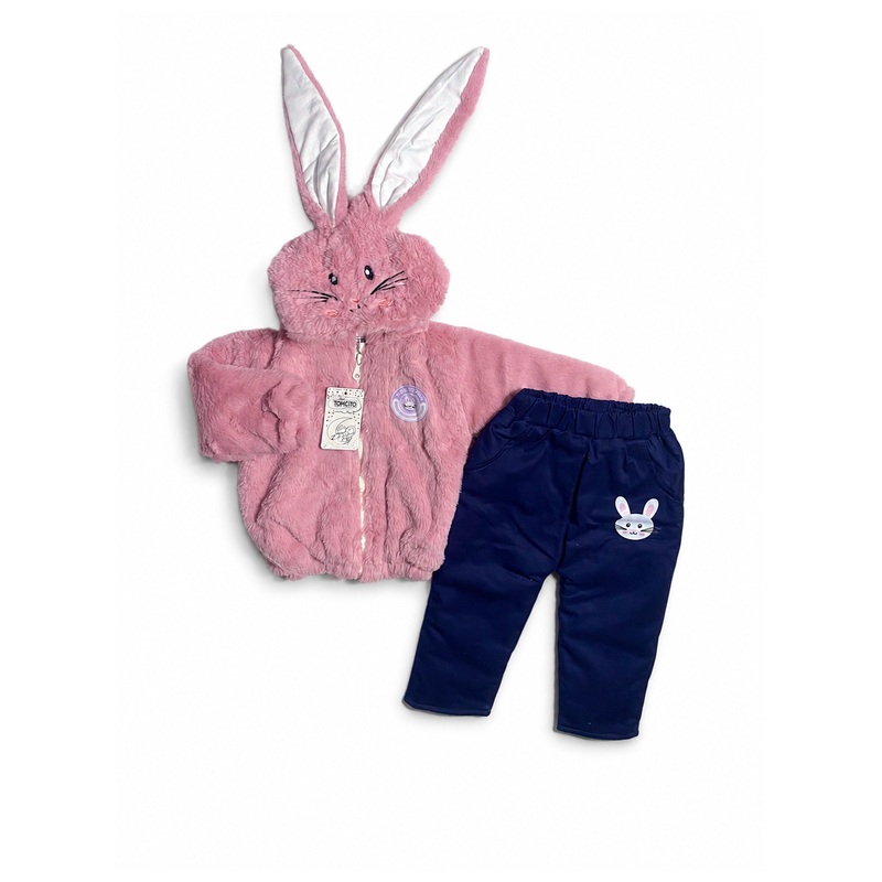 Conjunto acolchado de pelo de coneja con cierre, forro pima y pantalón drill - Color Malva