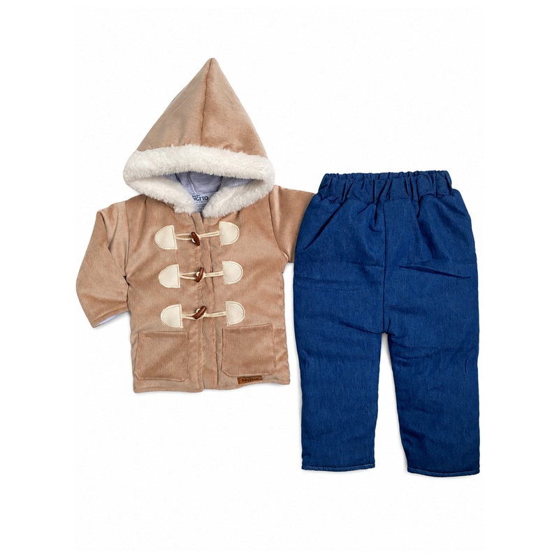 Casaca acolchada de corduroy con forro pima y pantalón jean con forro - Color Beige claro