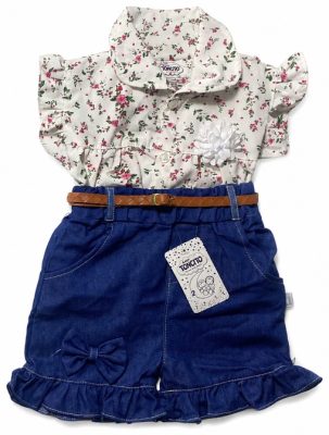 Conjunto de niña con short jean, blusa de chalis y correa