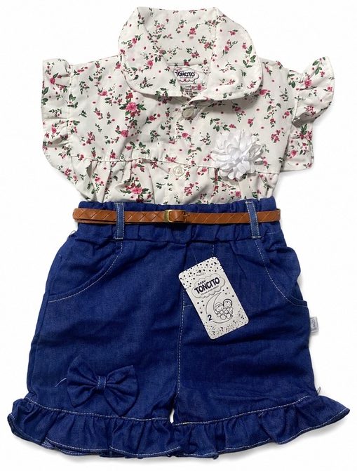 Conjunto de niña con short jean, blusa de chalis y correa